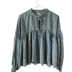 Anthropologie Teal Blue Gold Metallic Fil Coupe Tie Neck Peplum Blouse Medium
